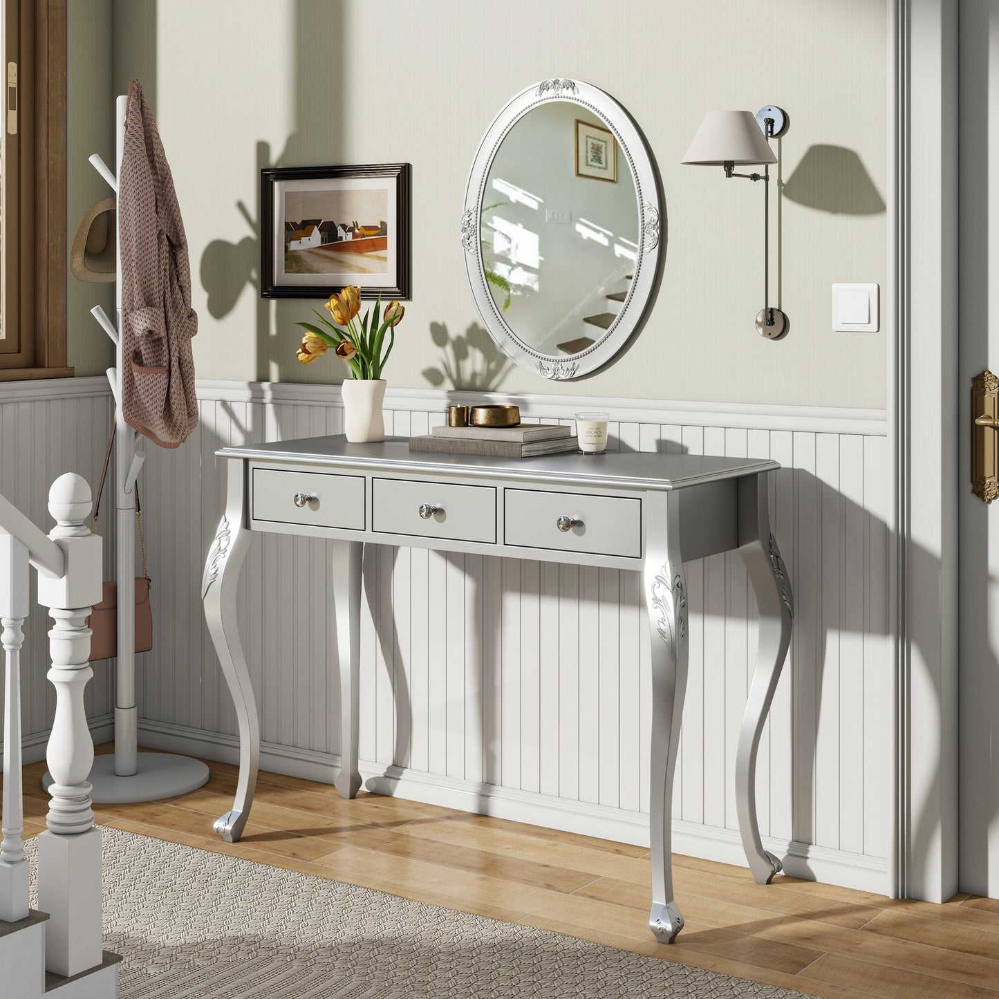 Luxury Makeup Vanity Desk with Oval Mirror, 3-Drawer Dressing Table for Jewelry Storage, Elegant Console Table for Entryway, Living Room & Bedroom, Stylish Home Decor,Silver