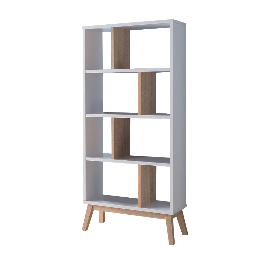 White Two Tone Weathered White Bookcase Display Cabinet Flared Legs Open Back Four Shelves Dividers