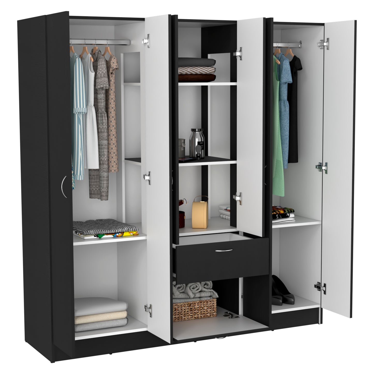 Mitu Six Doors Armoire, Seven Interior Shelves, One Drawer, Rod Black / White