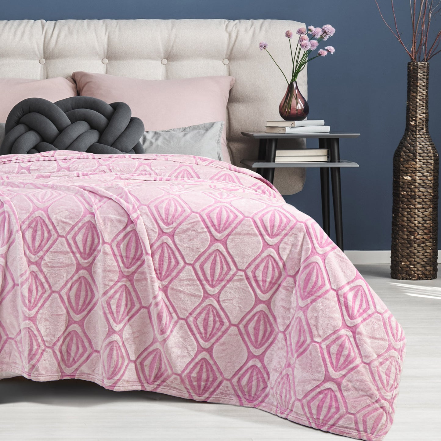 Back Printing Shaved Flannel Plush Blanket, checked Blanket for Bed or Sofa, 60" x 80", Pink