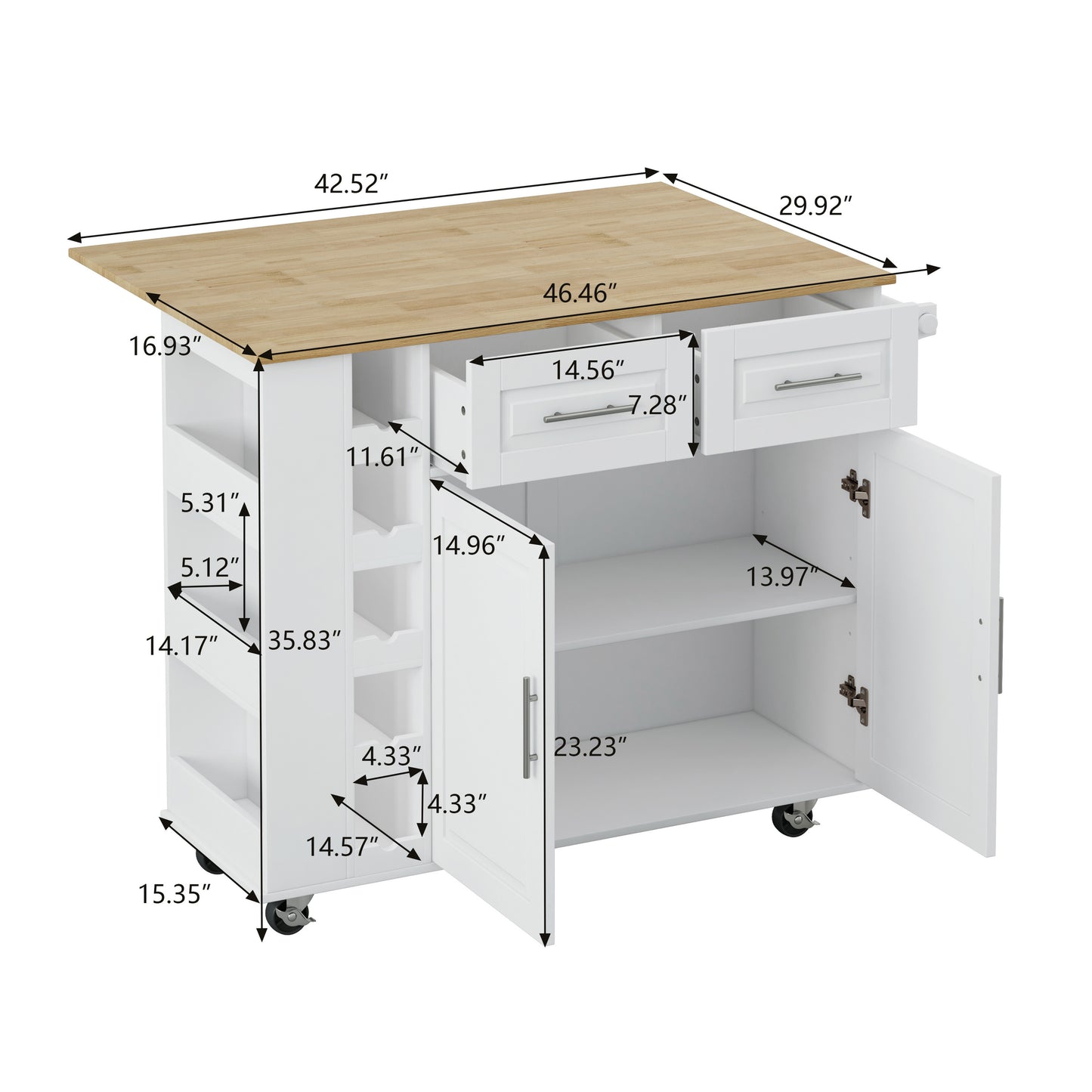 Multi-Functional Kitchen Island Cart with 2 Door Cabinet and Two Drawers,Spice Rack, Towel Holder, Wine Rack, and Foldable Rubberwood Table Top (White)