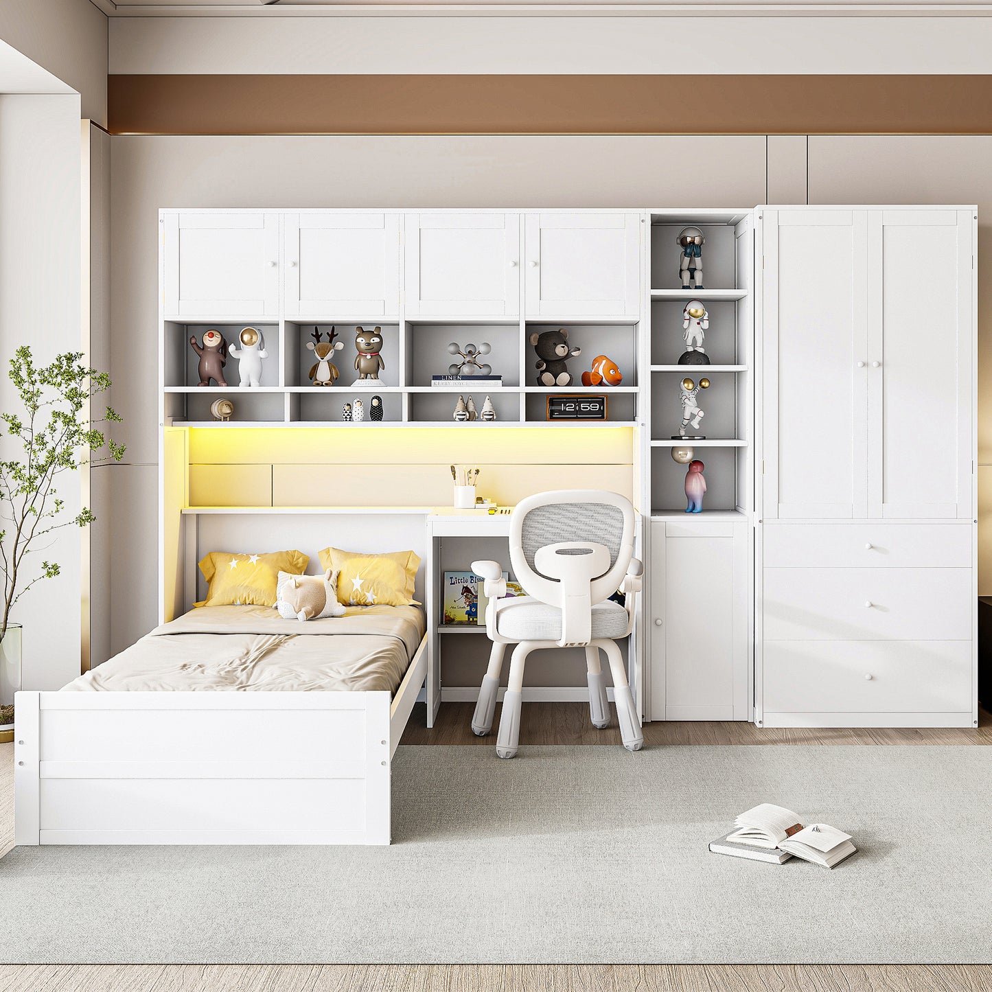 Wooden Twin Size Platform Bed with Desk, Wardrobe, Cabinets, Drawers, and Shelves, White