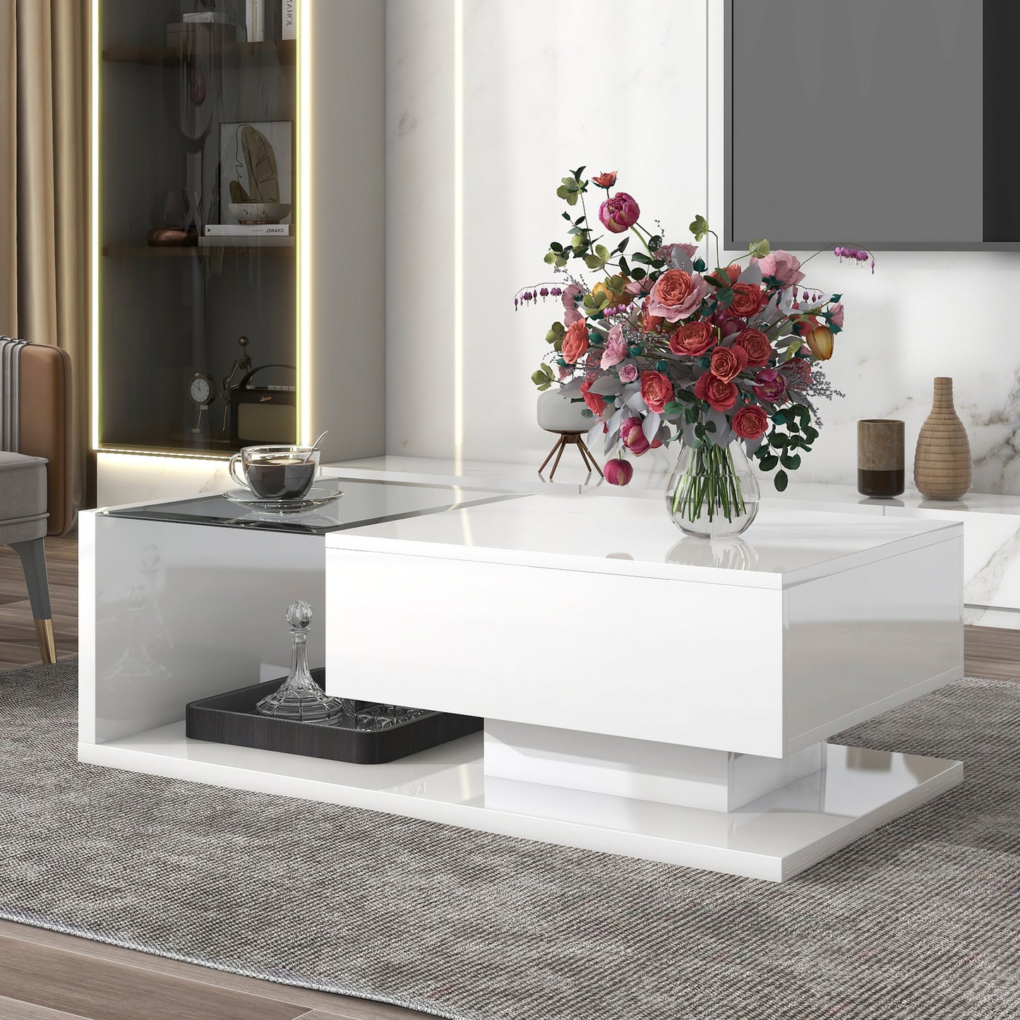 ON-TREND Modern Coffee Table with Tempered Glass, Wooden Cocktail Table with High-gloss UV Surface, Modernist 2-Tier Rectangle Center Table for Living Room, White