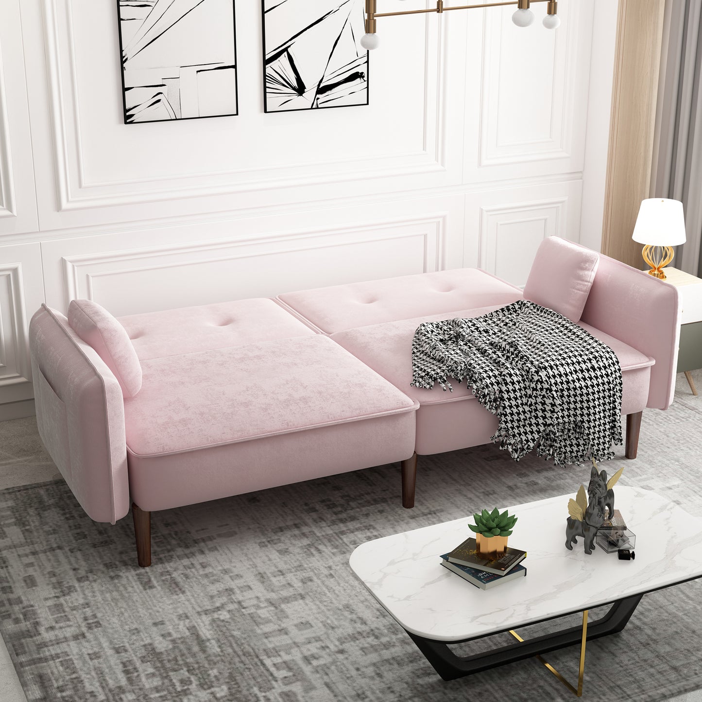 Convertible Sofa Bed with Wood Legs in Velvet(Pink)