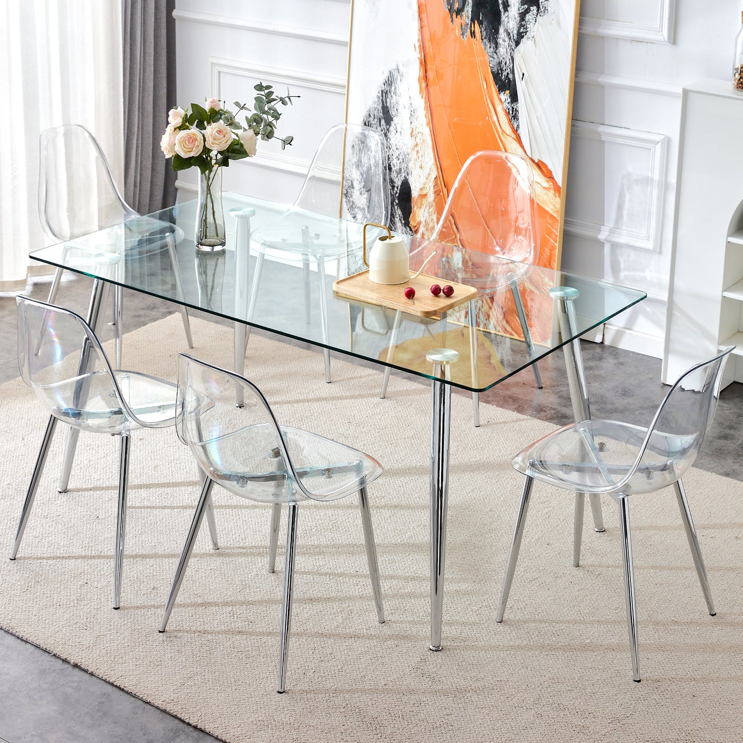 Modern minimalist rectangular glass dining table, 0.4 inch thick transparent tempered glass tabletop and silver metal legs, suitable for kitchens, restaurants, and living rooms 63"*35.4"*30"DT-1544