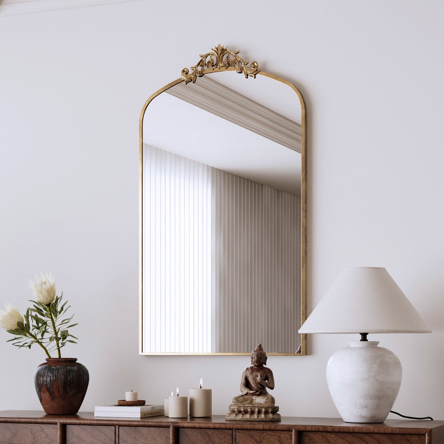 Wall Mirror 43x24 Inch Vintage Ornate Arched Floor Mirror Metal Framed Mirror Dressing Mirror, for Entryway, Living Room, Bedroom,  Antique Bronze