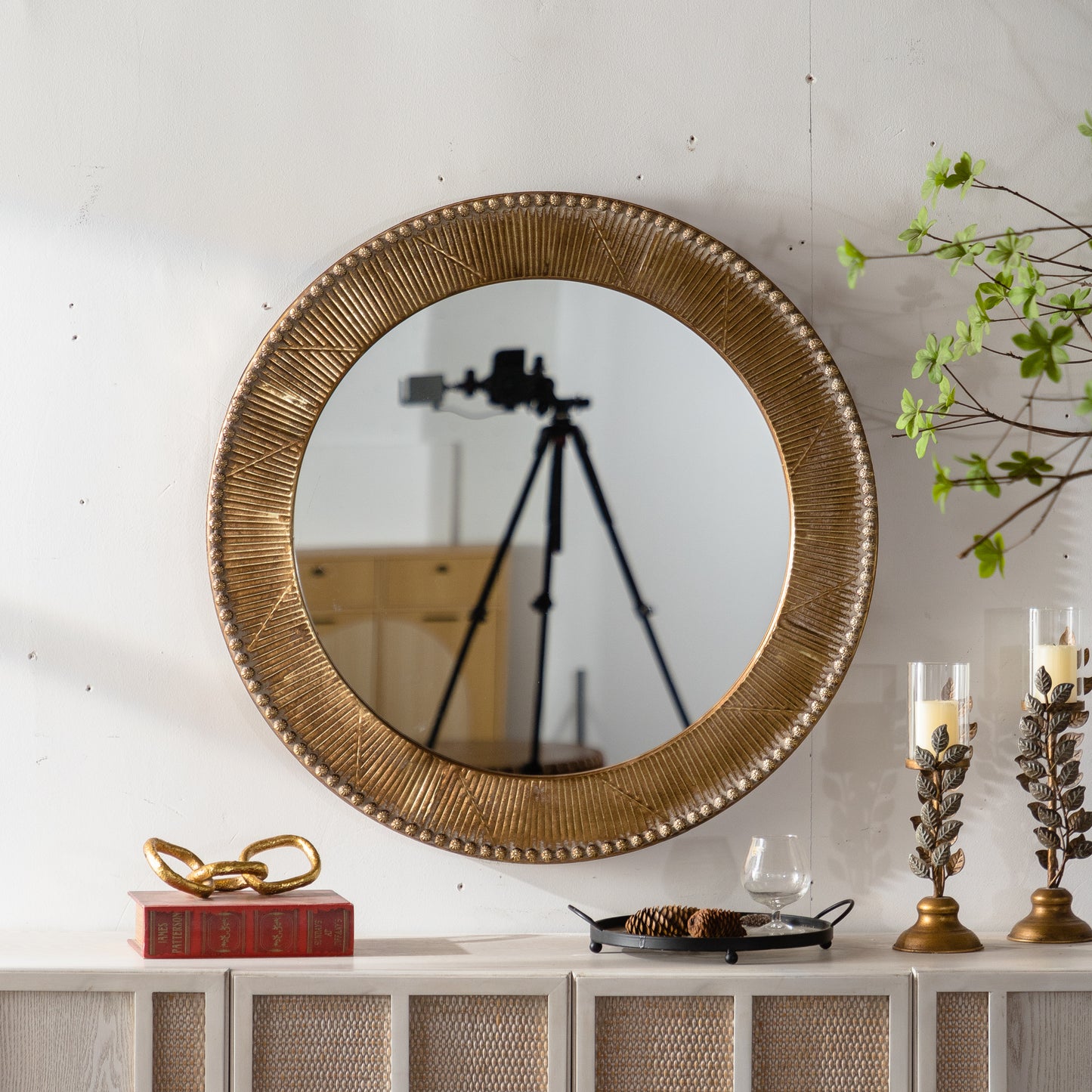 31.3' Gold Textured Round Wall Mirror - Iron Frame & MDF Back Decorative Mirror, Boho Accent Mirror for Living Room/Bedroom