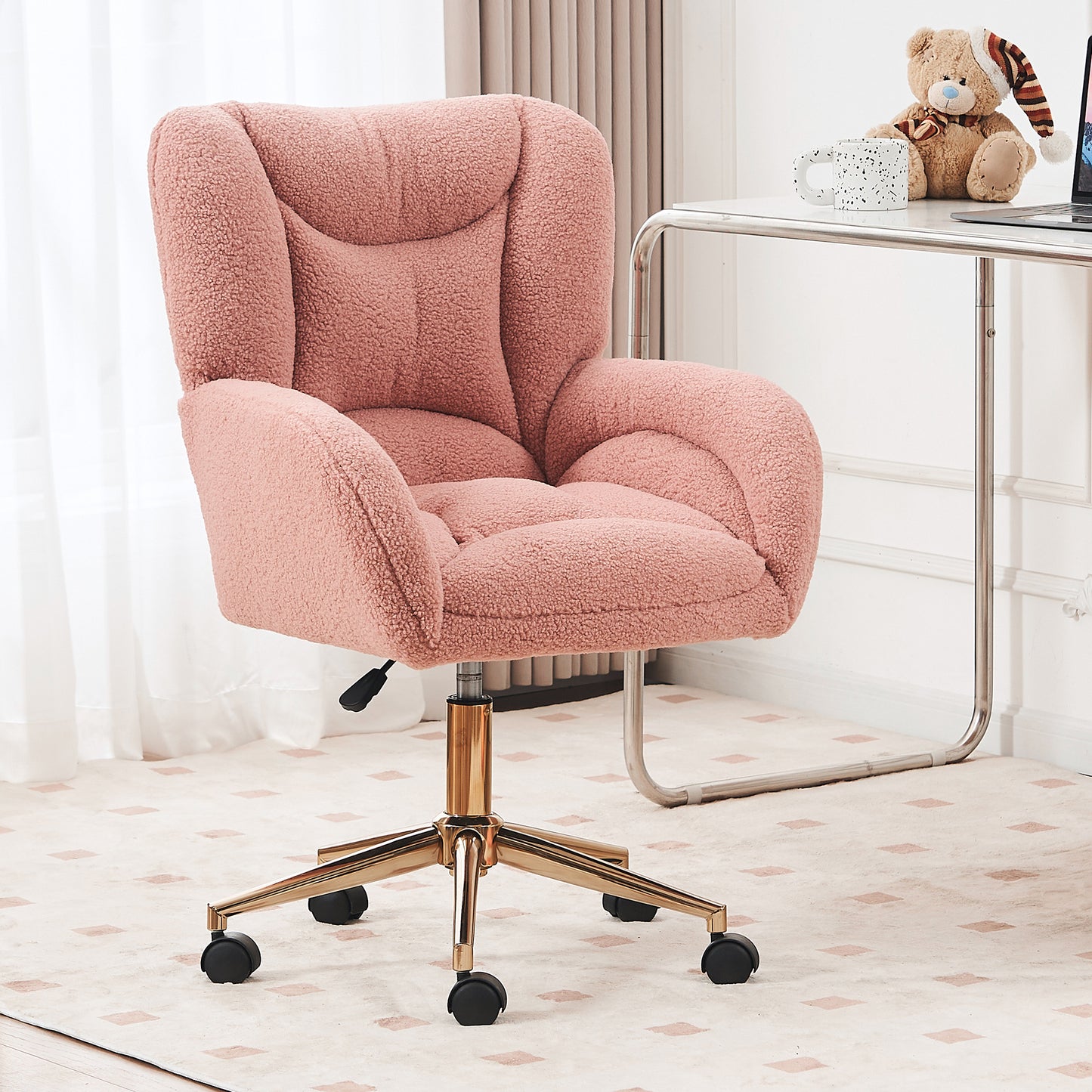 005-Teddy Fabric 360 Swivel Home Office Chair With Gold Metal Base And Universal Wheels,Pink