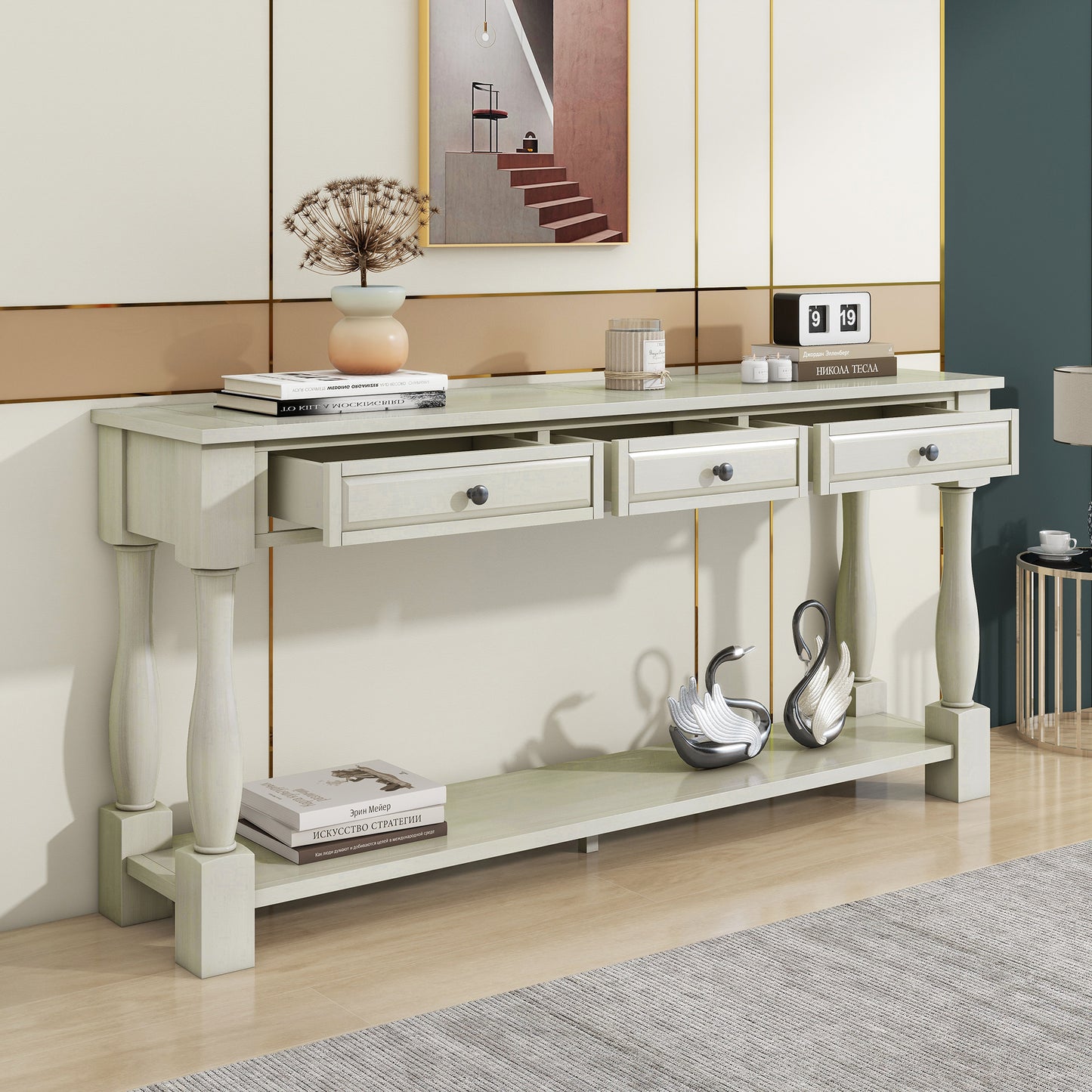 TREXM Console Table 63" Long Console Table with Drawers and Shelf for Entryway, Hallway, Living Room (Antique White, OLD SKU: WF193795AAK)