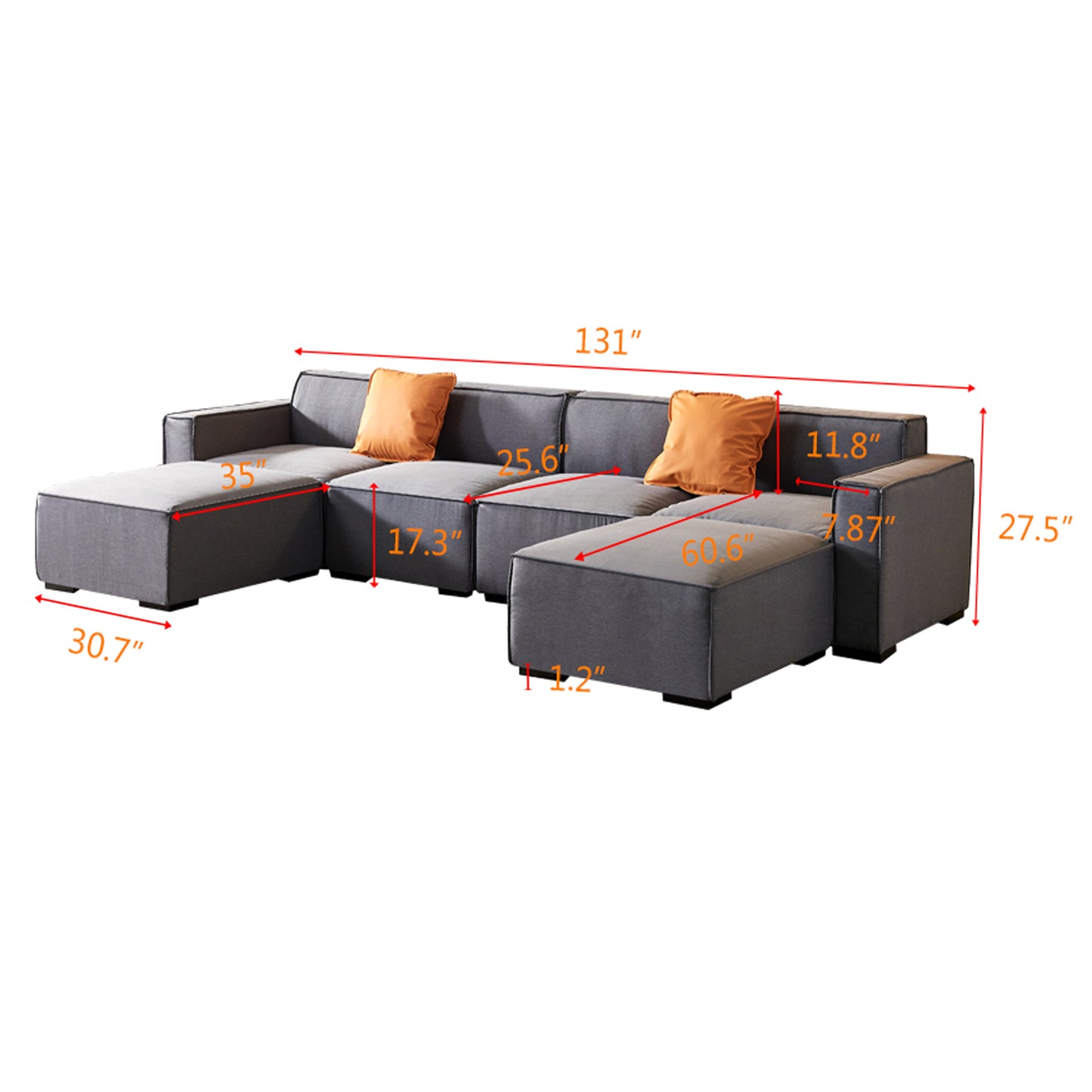 Modular U Shape Sectional Fabric Sofa (Grey)