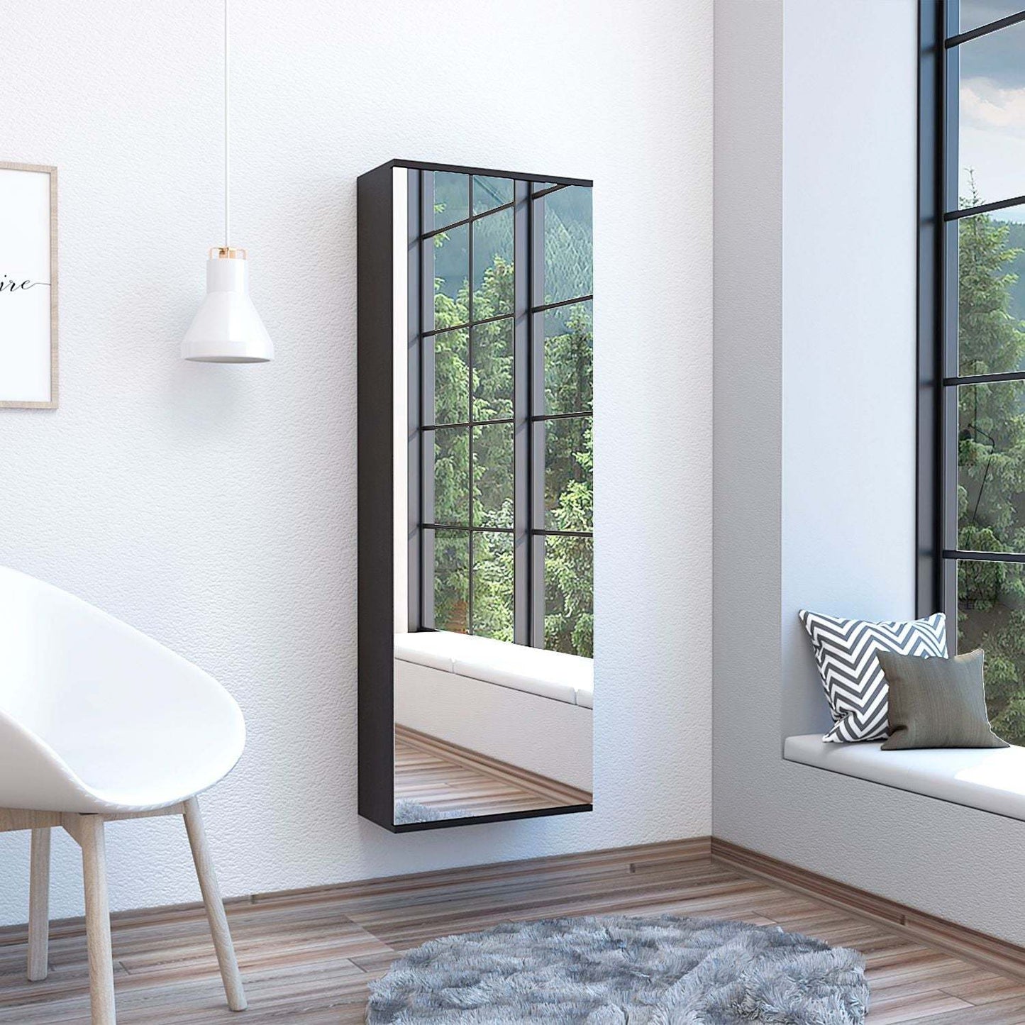 Wall Shoe Rack 54' H, One Mirror, One Door, Five Internal Storage Shelves, Approximate Capacity for Ten Shoes, Black