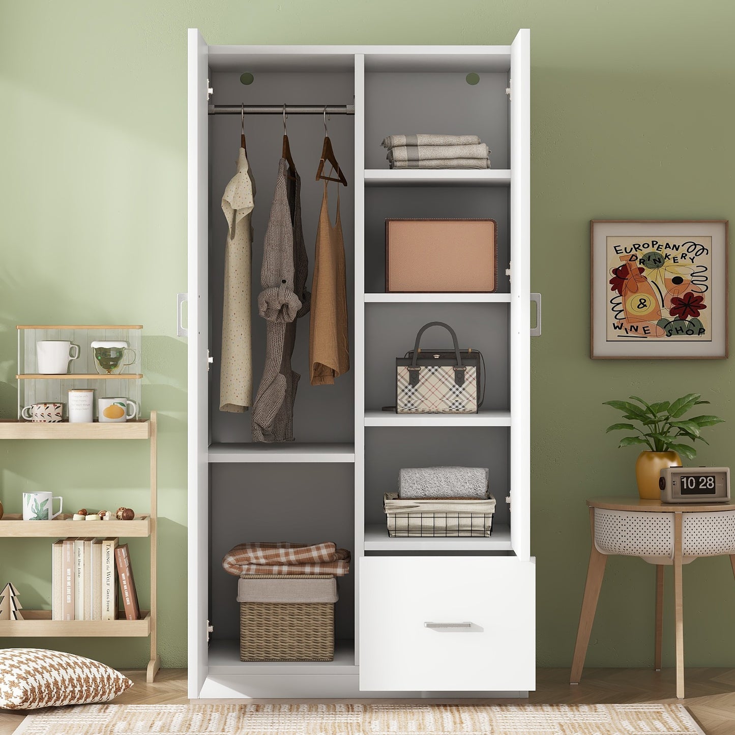 Wooden Wardrobe with Double Doors, Armoire with Hanging Rod, 5 Fixed Shelves, One Storage Drawer,White