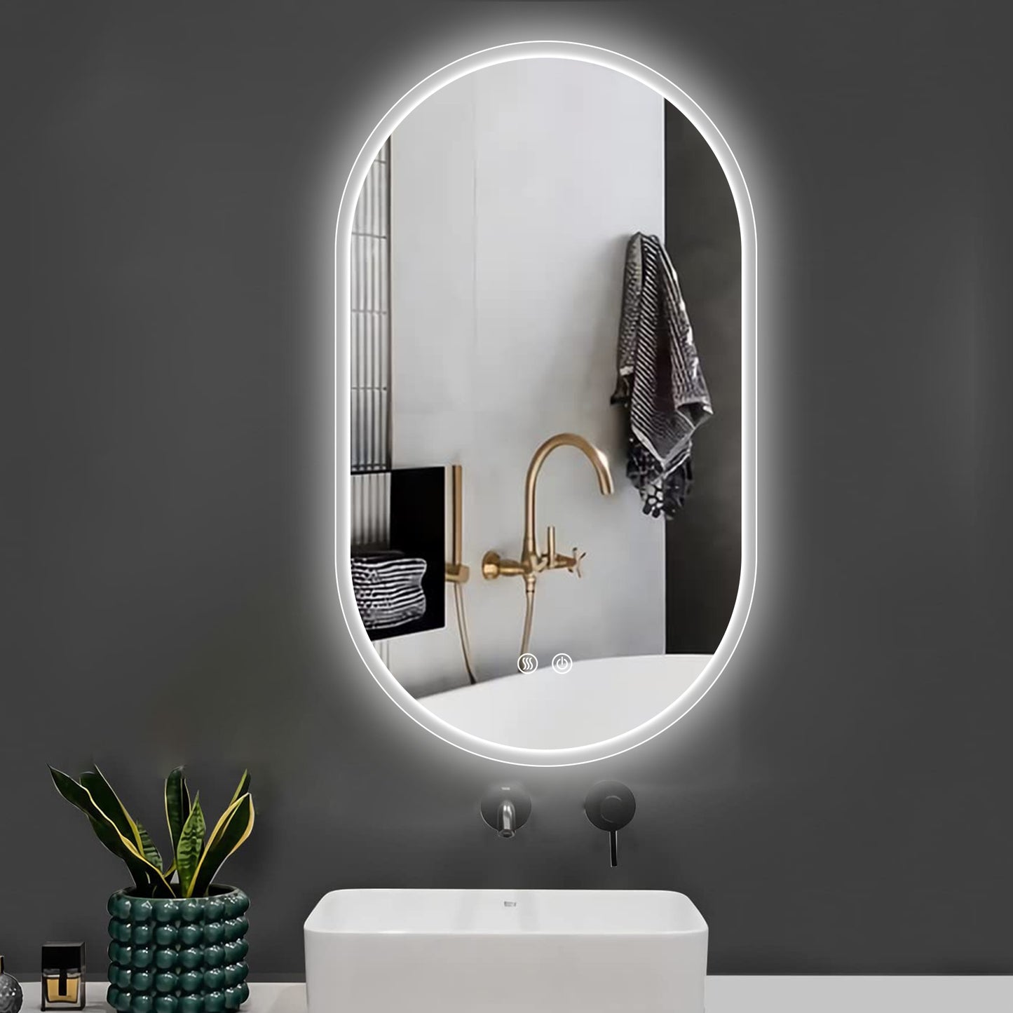 36X24 Inch Bathroom Mirror with Lights, Anti Fog Dimmable LED Mirror for Wall Touch Control, Frameless Oval Smart Vanity Mirror Vertical Hanging