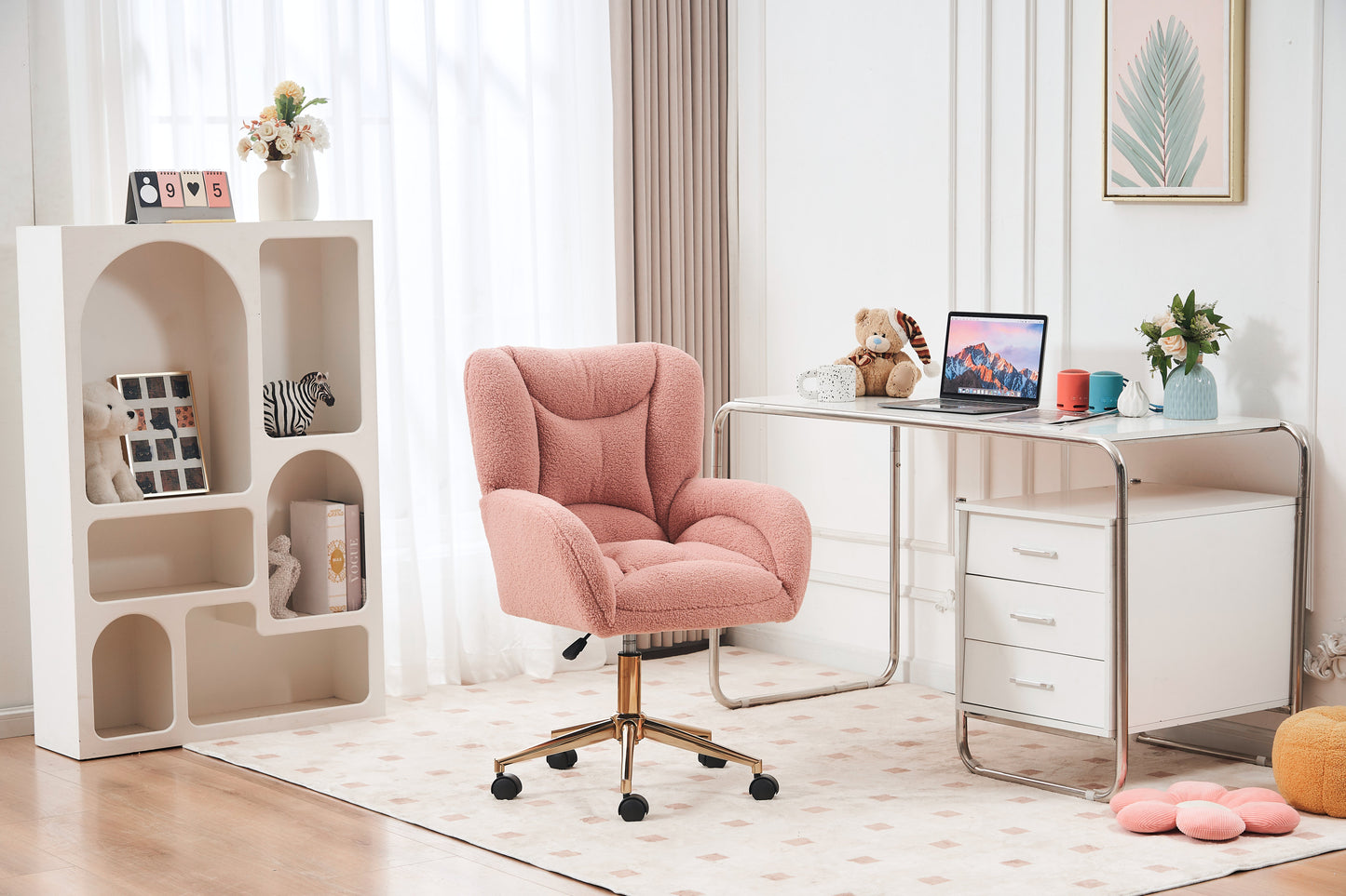 005-Teddy Fabric 360 Swivel Home Office Chair With Gold Metal Base And Universal Wheels,Pink