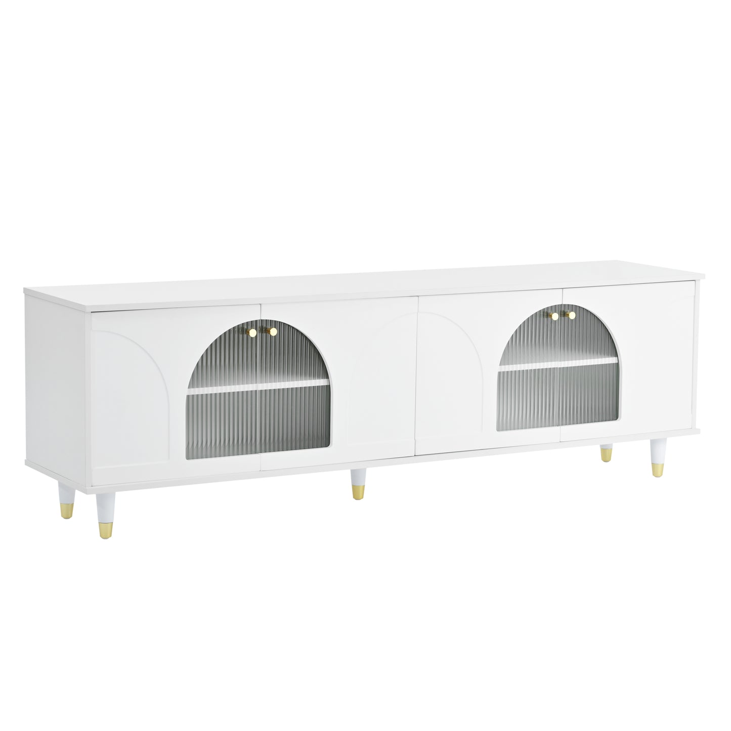 ON-TREND Contemporary TV Stand with Adjustable Shelves for TVs Up to 78'', Stylish Media Console with Gold Handles and Arch Fluted Glass Doors, Delicate Entertainment Center for Living Room, White