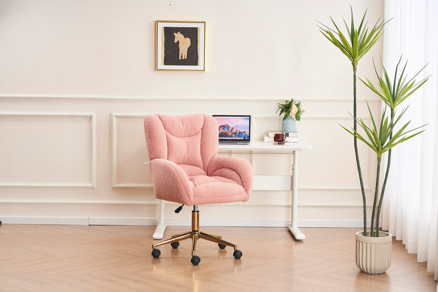 005-Teddy Fabric 360 Swivel Home Office Chair With Gold Metal Base And Universal Wheels,Pink