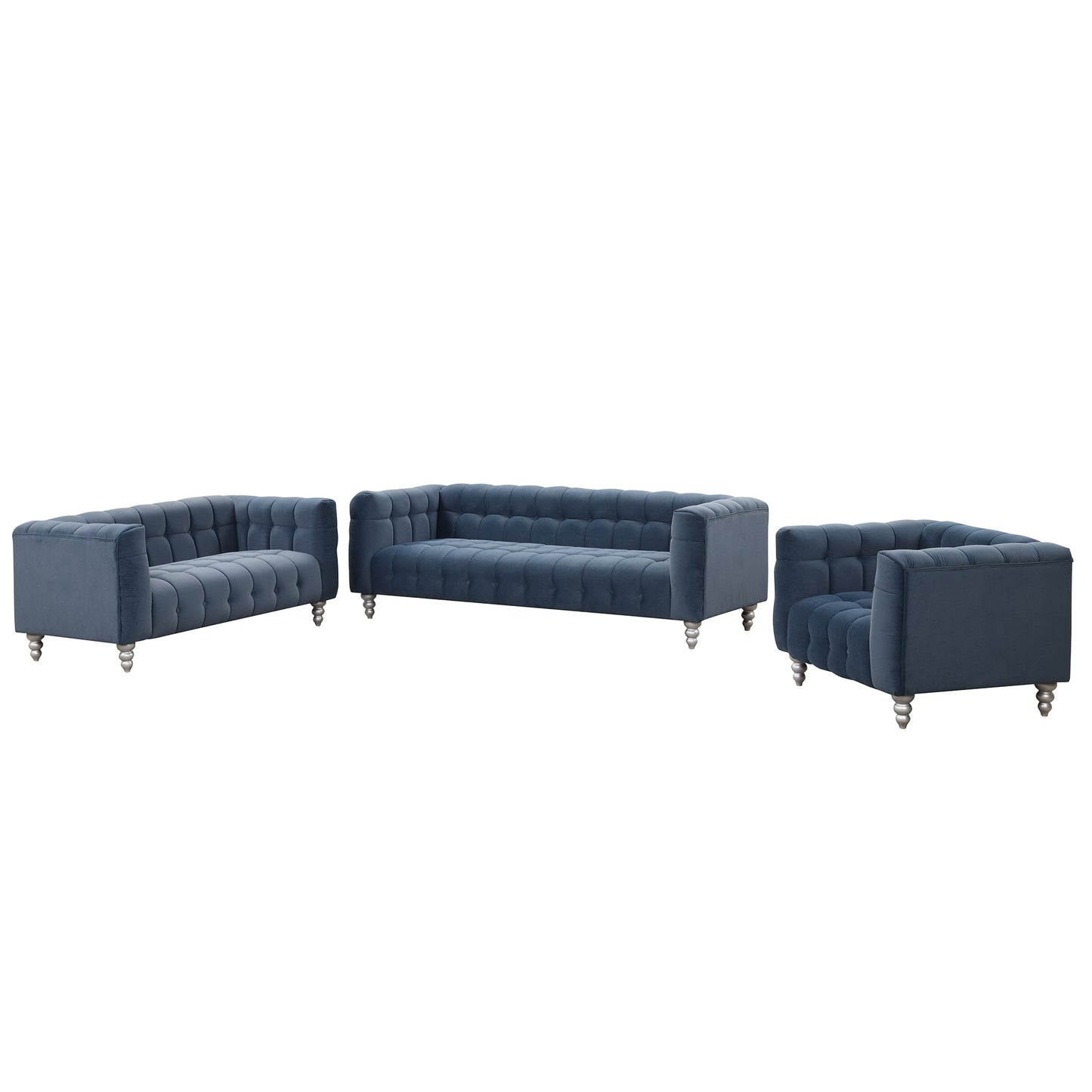 Modern 3-piece sofa set with solid wood legs, buttoned tufted backrest, Dutch fleece upholstered sofa set including three-seater sofa, double seat and living room furniture set single chair, blue