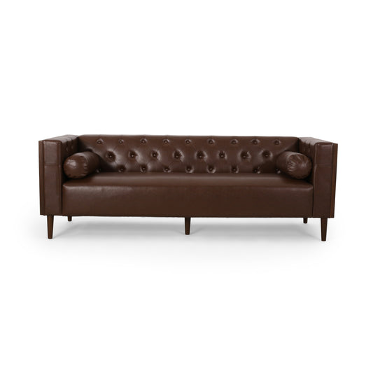 Contemporary 3-Seater Sofa with Tufted Diamond Stitch and Rolled Accent Pillows in Dark Brown PU