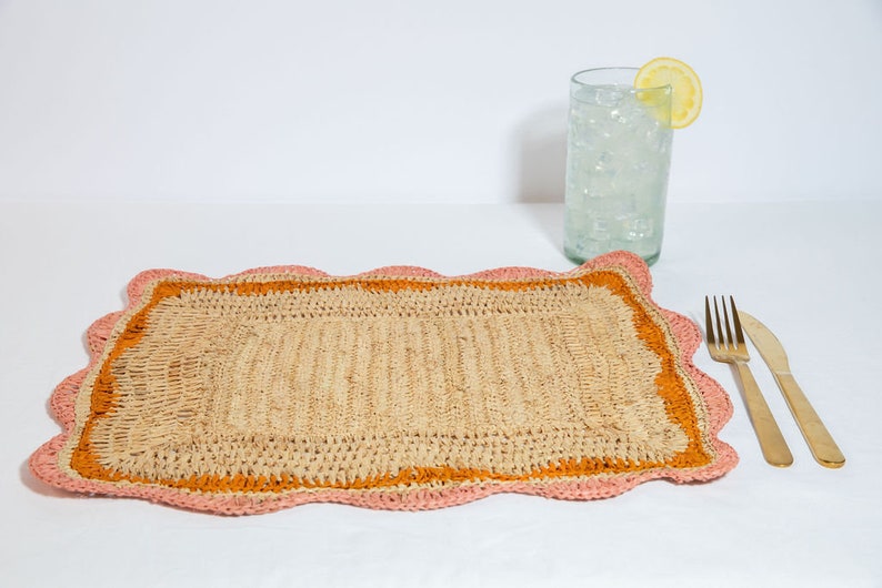 Garden Party placemats with Pink and Orange Edges, Hand Woven Rectangular Table Mat