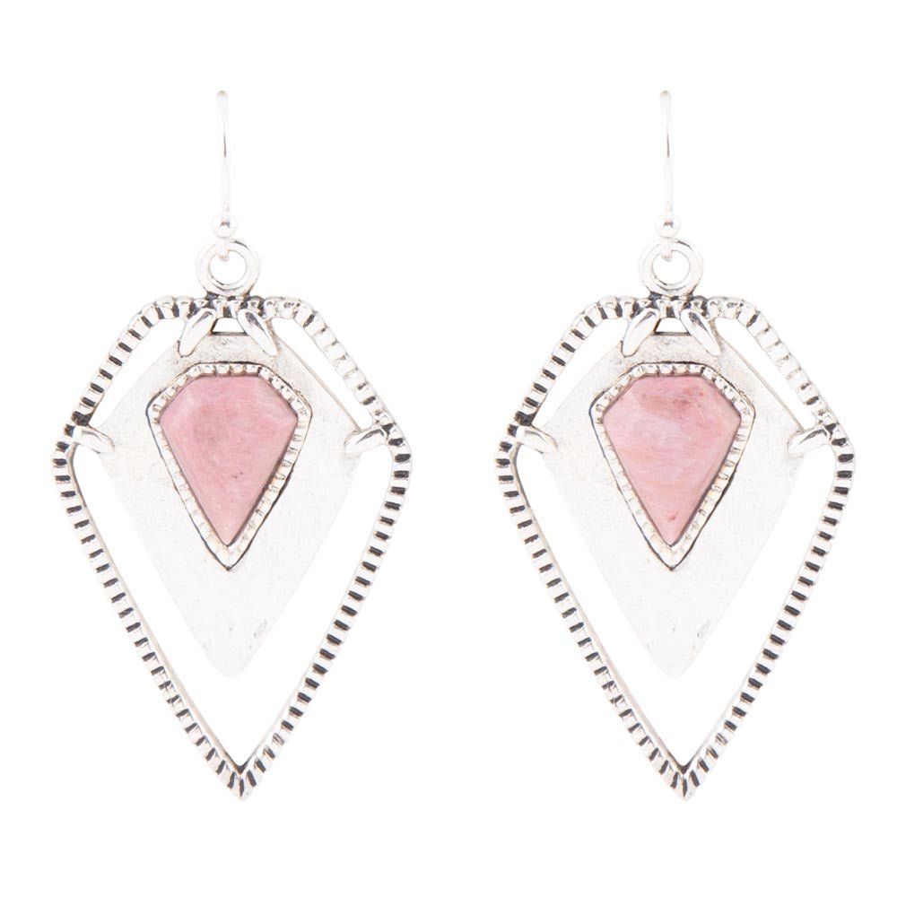Pink Rhodonite Shield Sterling Silver Drop Earrings