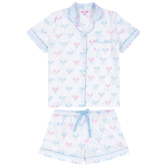 Women's Tennis Bows Short PJ Set - Blue Pink Organic Cotton Poplin