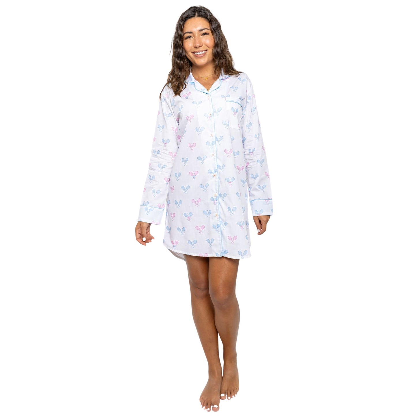 Women's Tennis Bows Night Shirt - Blue Pink Organic Cotton Poplin