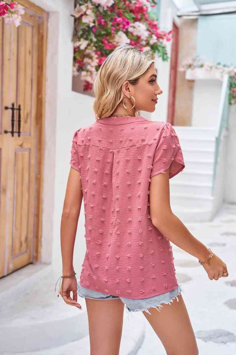 Swiss Dot Petal Sleeve Notched Top