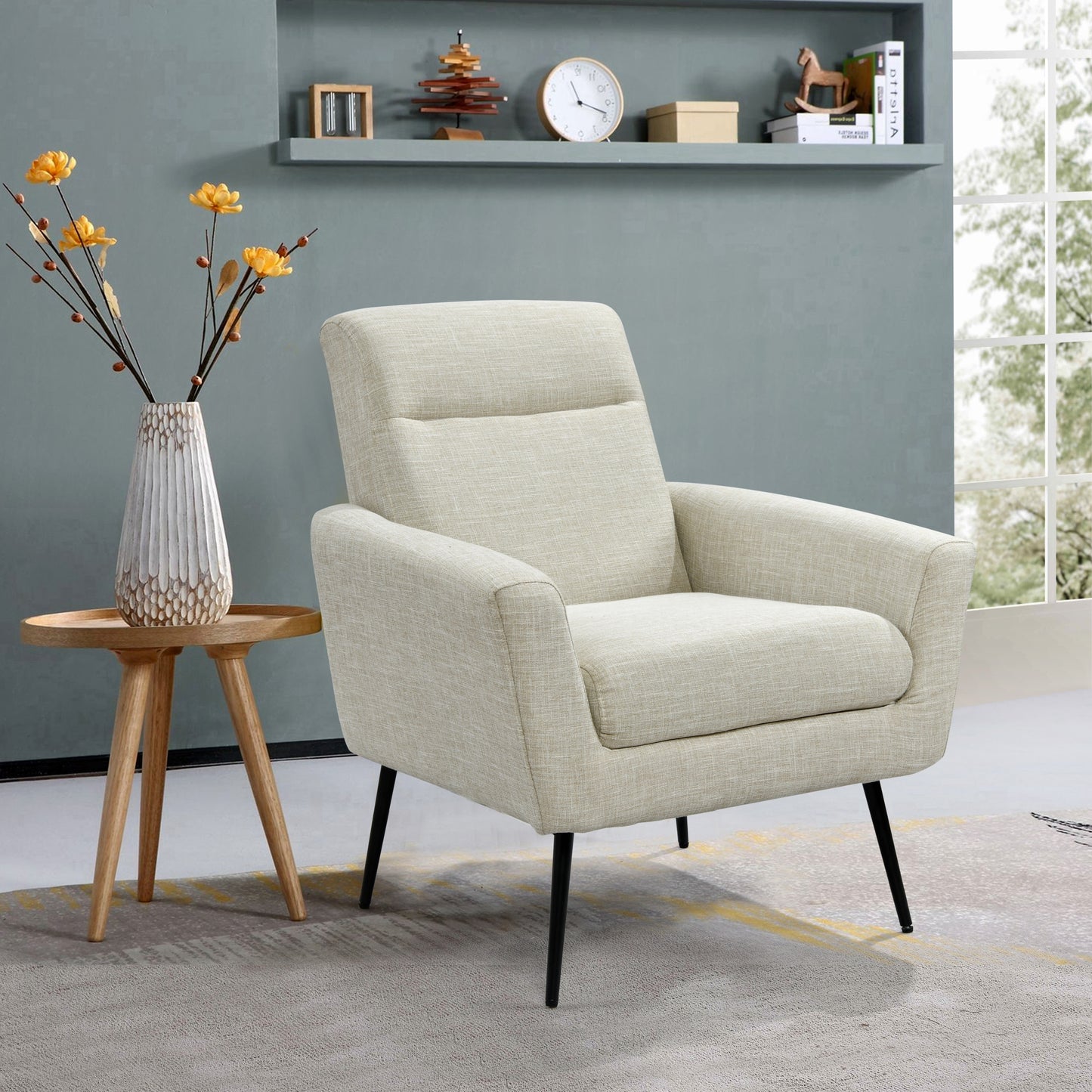 Mid Century Modern Upholstered Fabric Accent Chair, Living Room, Bedroom Leisure Single Sofa Chair (with Metal Legs), TV armrest seat, Suitable for Small Space Home, Office, Coffee Chair,Beige