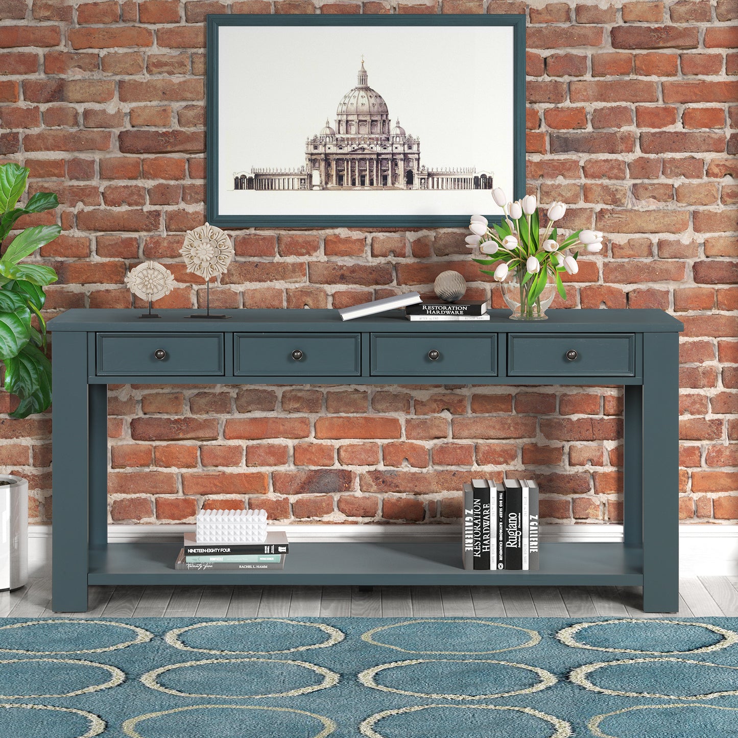 63" Pine Wood Console Table with 4 Drawers and 1 Bottom Shelf for Entryway Hallway Easy Assembly 63 inch Long Sofa Table (Dark Blue)
