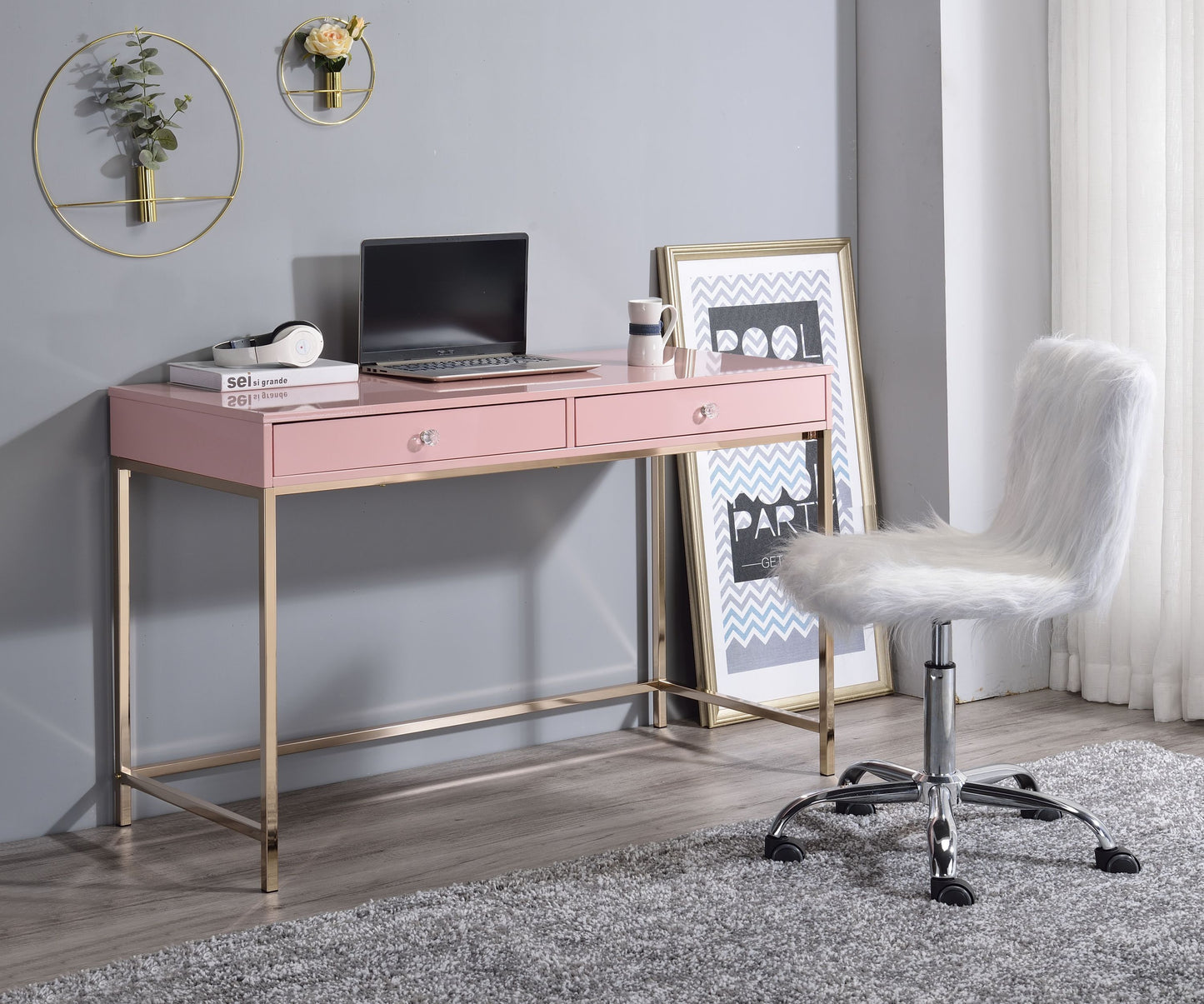ACME Ottey Writing Desk, Pink High Gloss & Gold Finish 93545