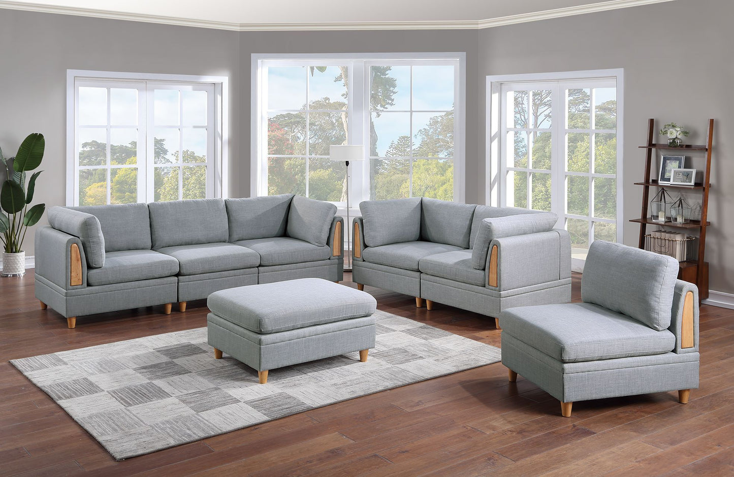 Living Room Furniture 7pc Modular Sofa Set Light Grey Dorris Fabric Couch 4x Corner Wedges 2x Armless Chair And 1x Ottoman