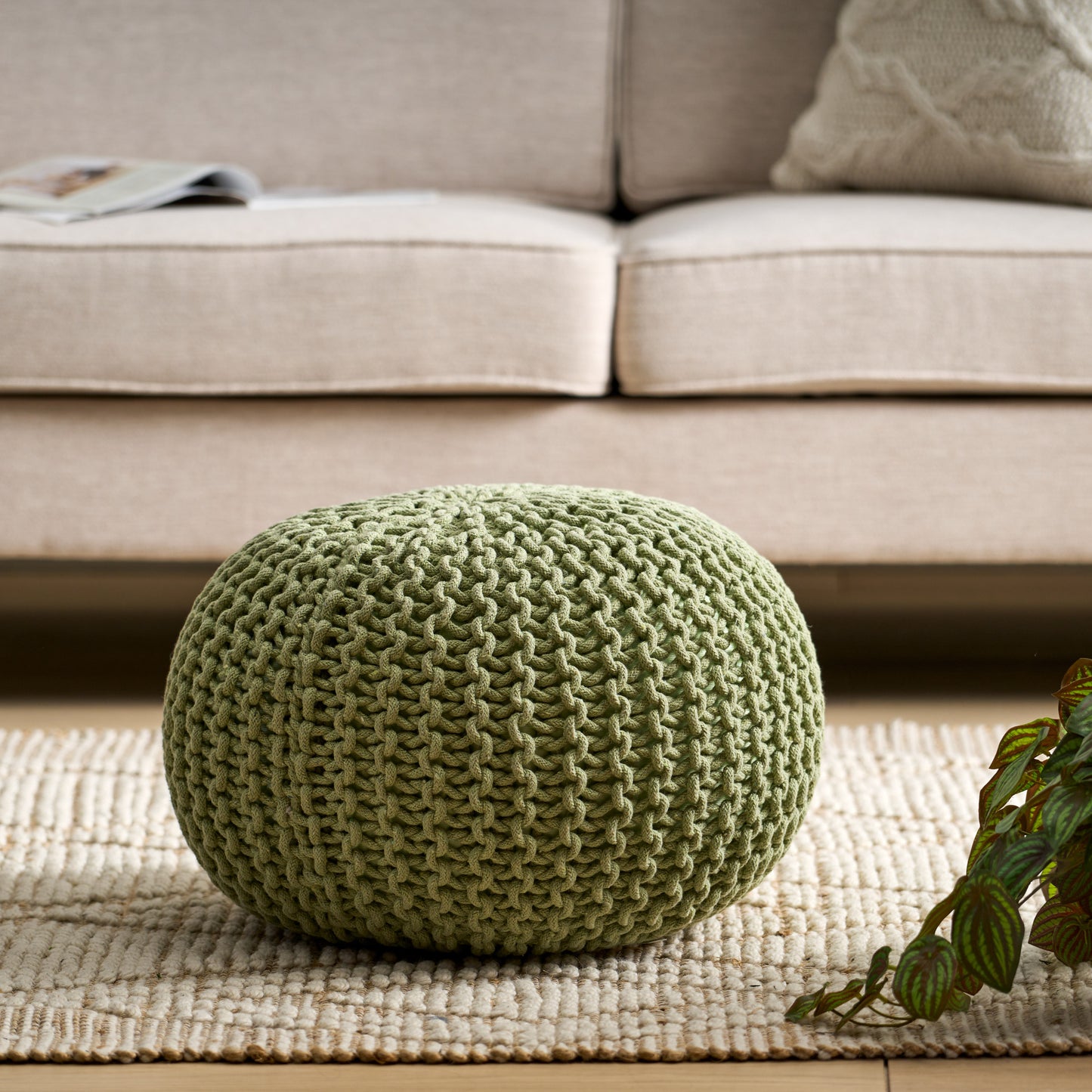 Moro Handcrafted Modern Cotton Pouf, Green