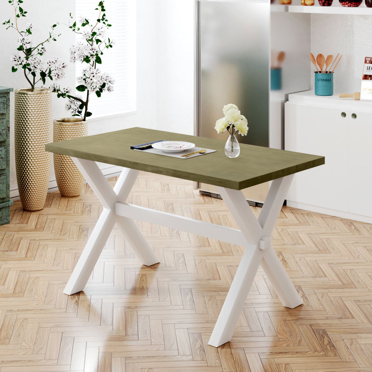 TOPMAX Farmhouse Rustic Wood Kitchen Dining Table with X-shape Legs, Gray Green