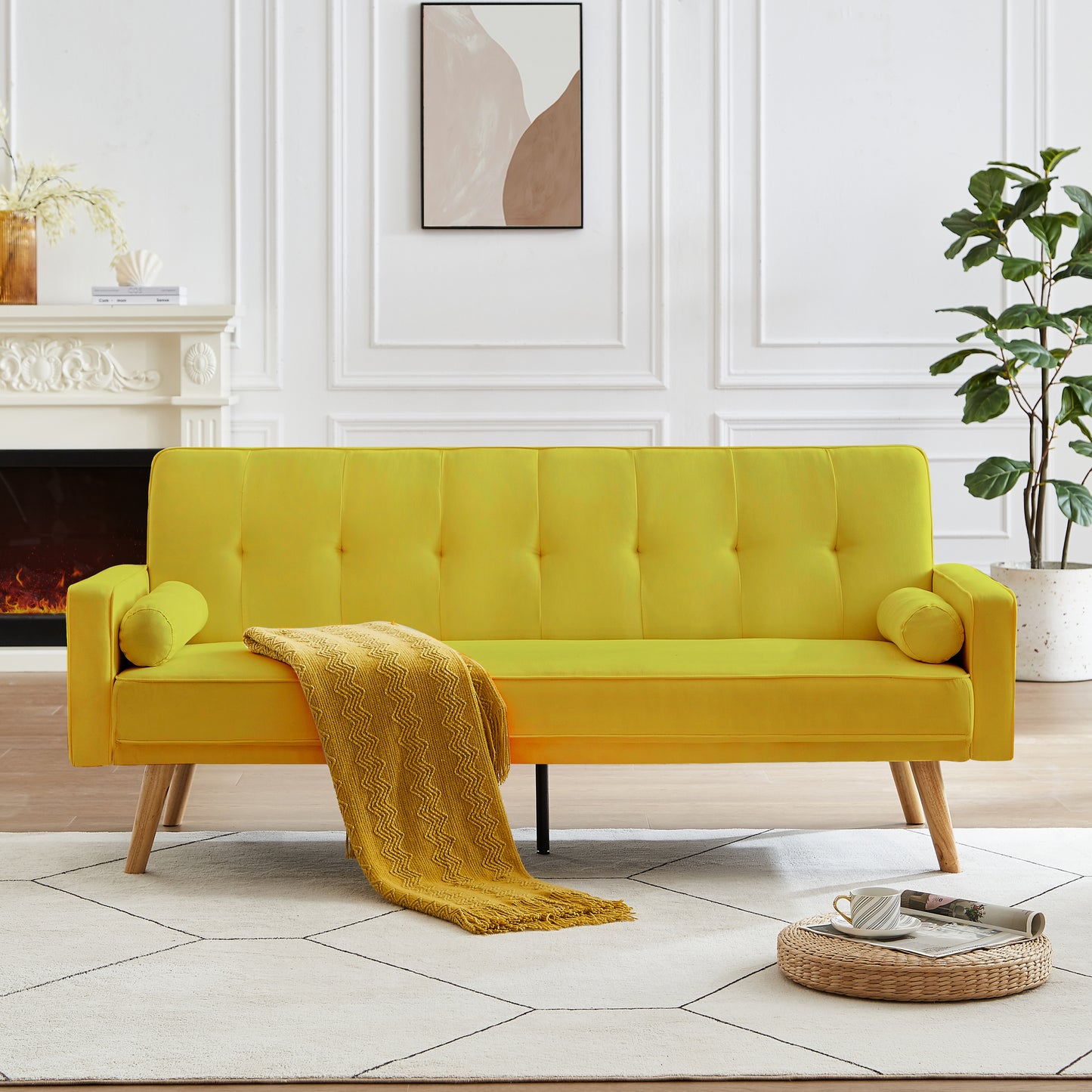 Mid-Century Yellow Linen Fabric Chesterfield Sofa Couch, Modern Love Seats Sofa Furniture, Upholstered Button Tufted Couch with 2 Bolster Pillows for Living Room Apartment