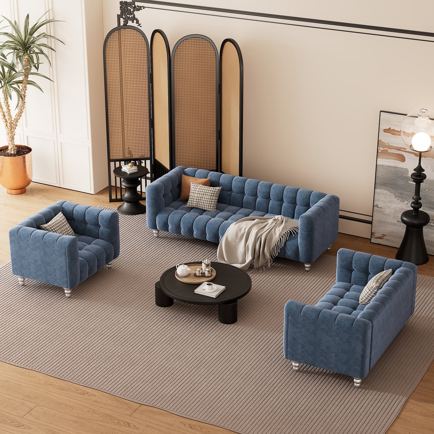 Modern 3-piece sofa set with solid wood legs, buttoned tufted backrest, Dutch fleece upholstered sofa set including three-seater sofa, double seat and living room furniture set single chair, blue