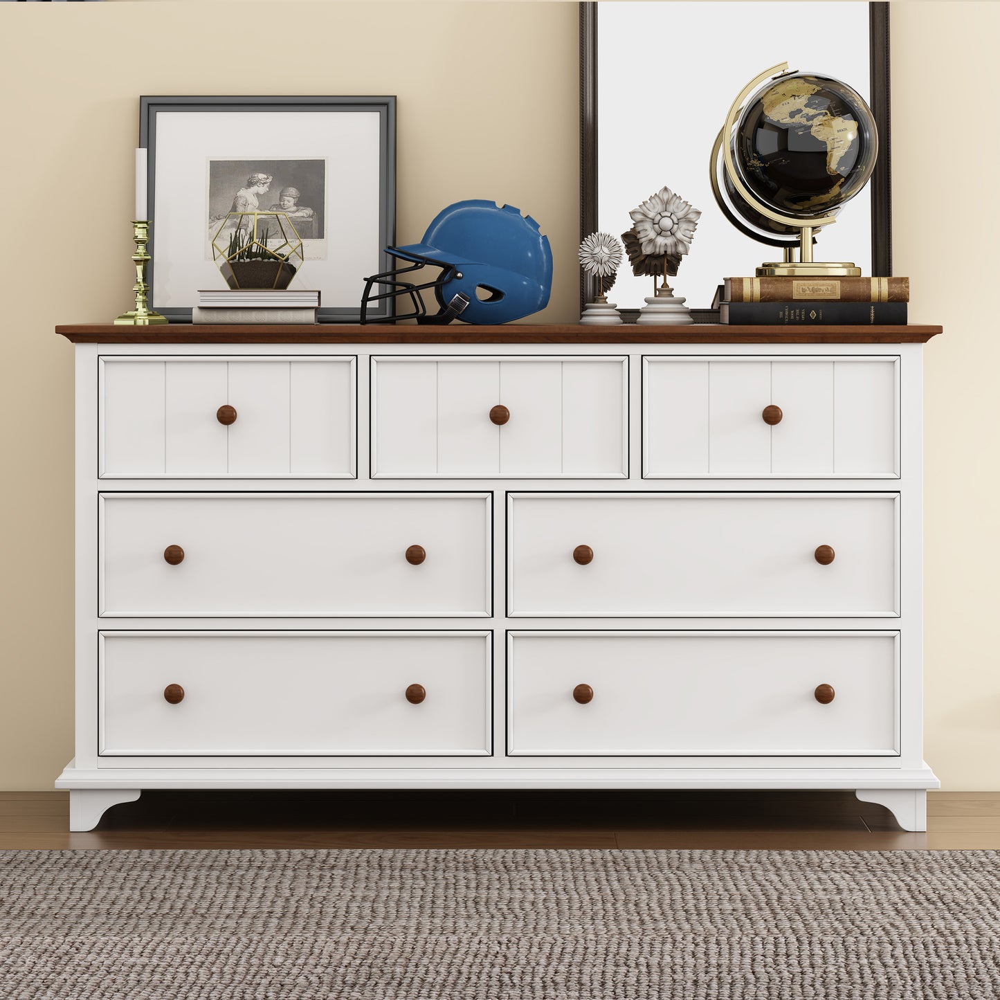 Wooden Captain Seven-Drawer Dresser for Bedroom, Living Room, Kids' Room, White+Walnut