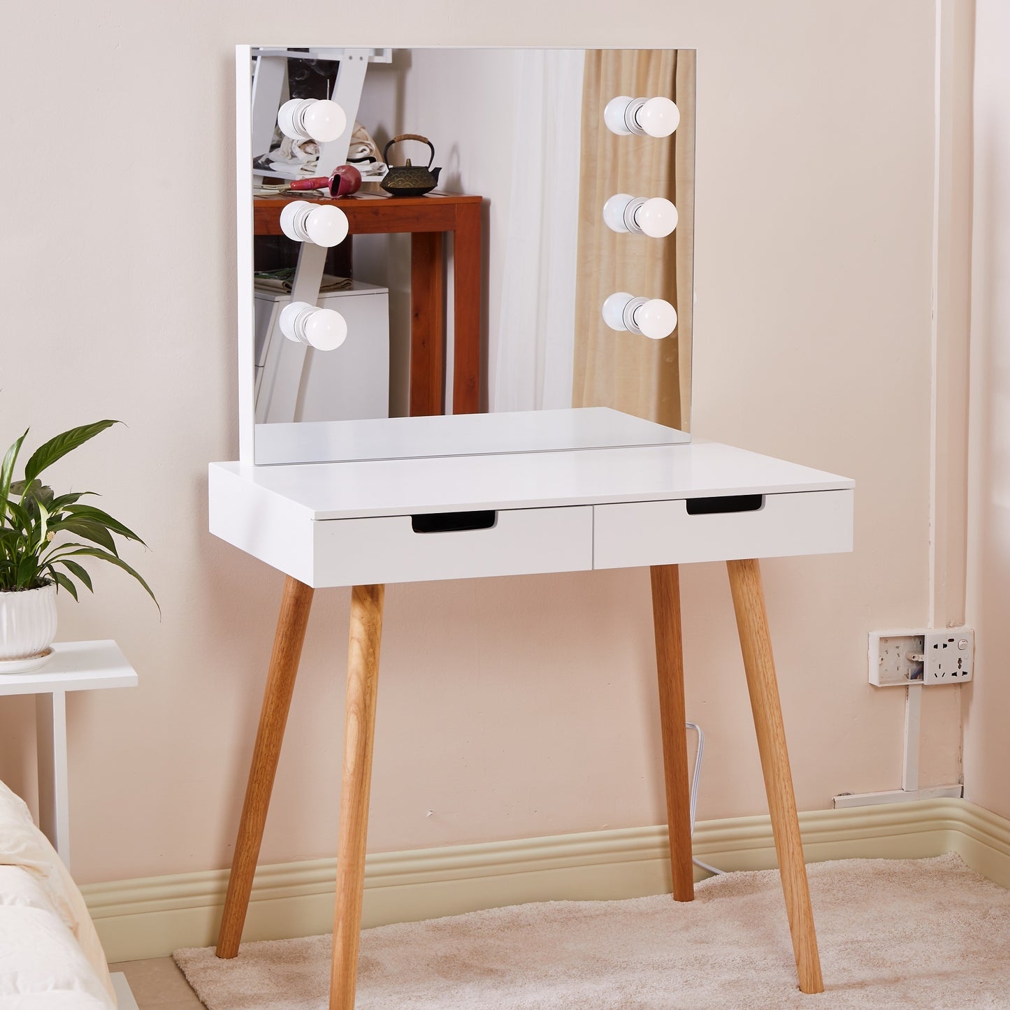 Wooden Vanity Table Makeup Dressing Desk with LED Light,White