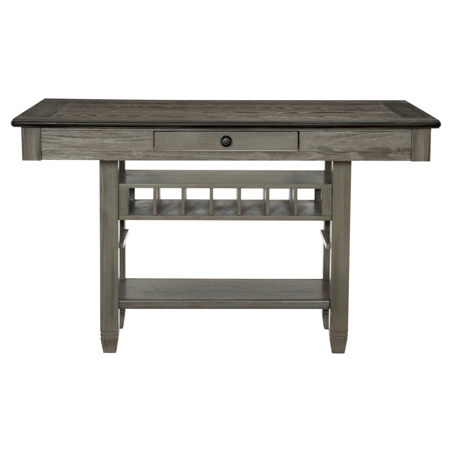 1pc Counter Height Table with 4 Drawers Wine Rack Display Shelf Transitional Dining Furniture Antique Gray and Coffee Finish Storage Table