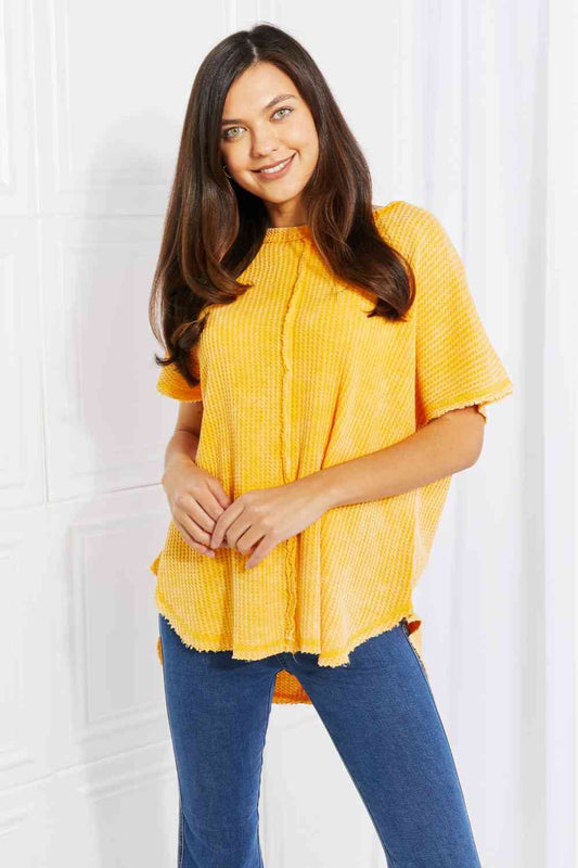 Zenana Start Small Washed Waffle Knit Top in Yellow Gold