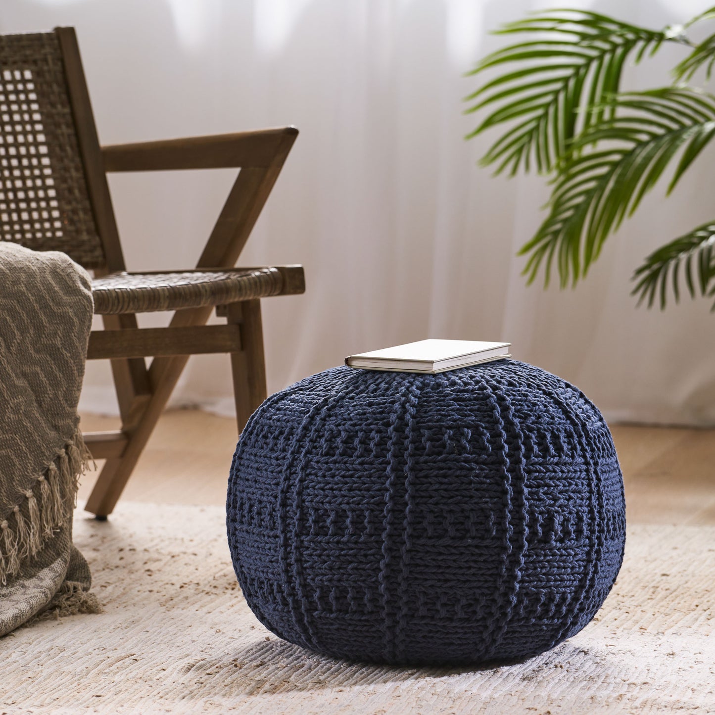 Yuny Handcrafted Modern Fabric Pouf, Navy