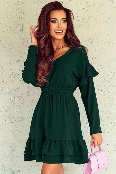 Ruffled V-Neck Dropped Shoulder Mini Dress