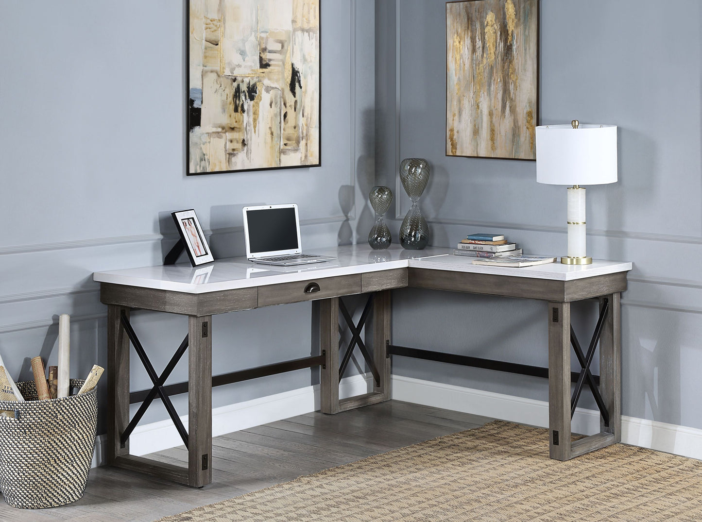 ACME Talmar Writing Desk w/Lift Top in Marble Top & Weathered Gray Finish OF00056