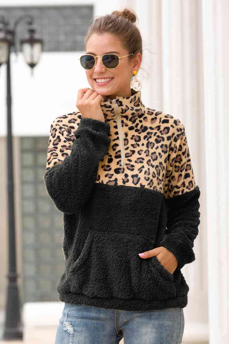 Leopard Zip-Up Turtle Neck Dropped Shoulder Sweatshirt