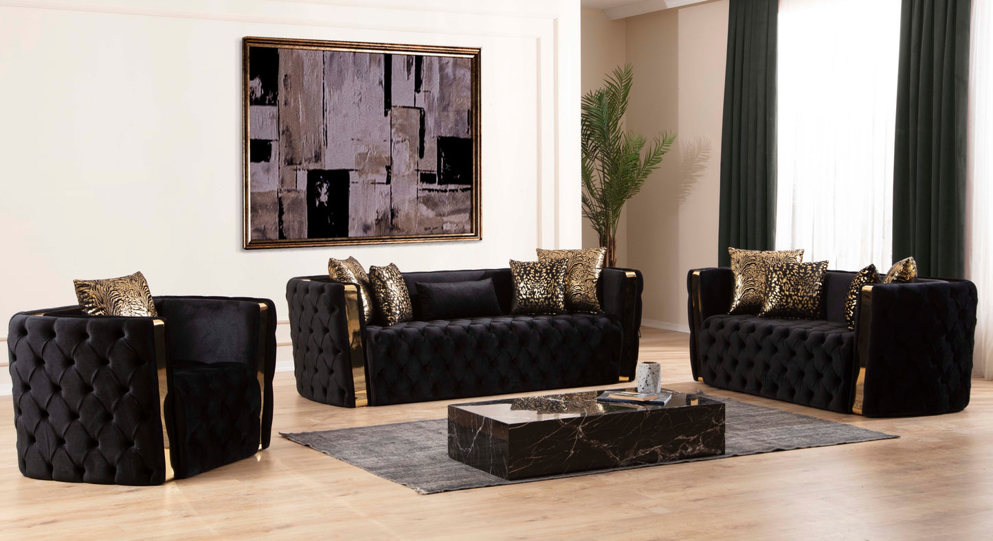 Naomi Button Tufted 3 Pc Sofa Set with Velvet Fabric and Gold Accent in Black