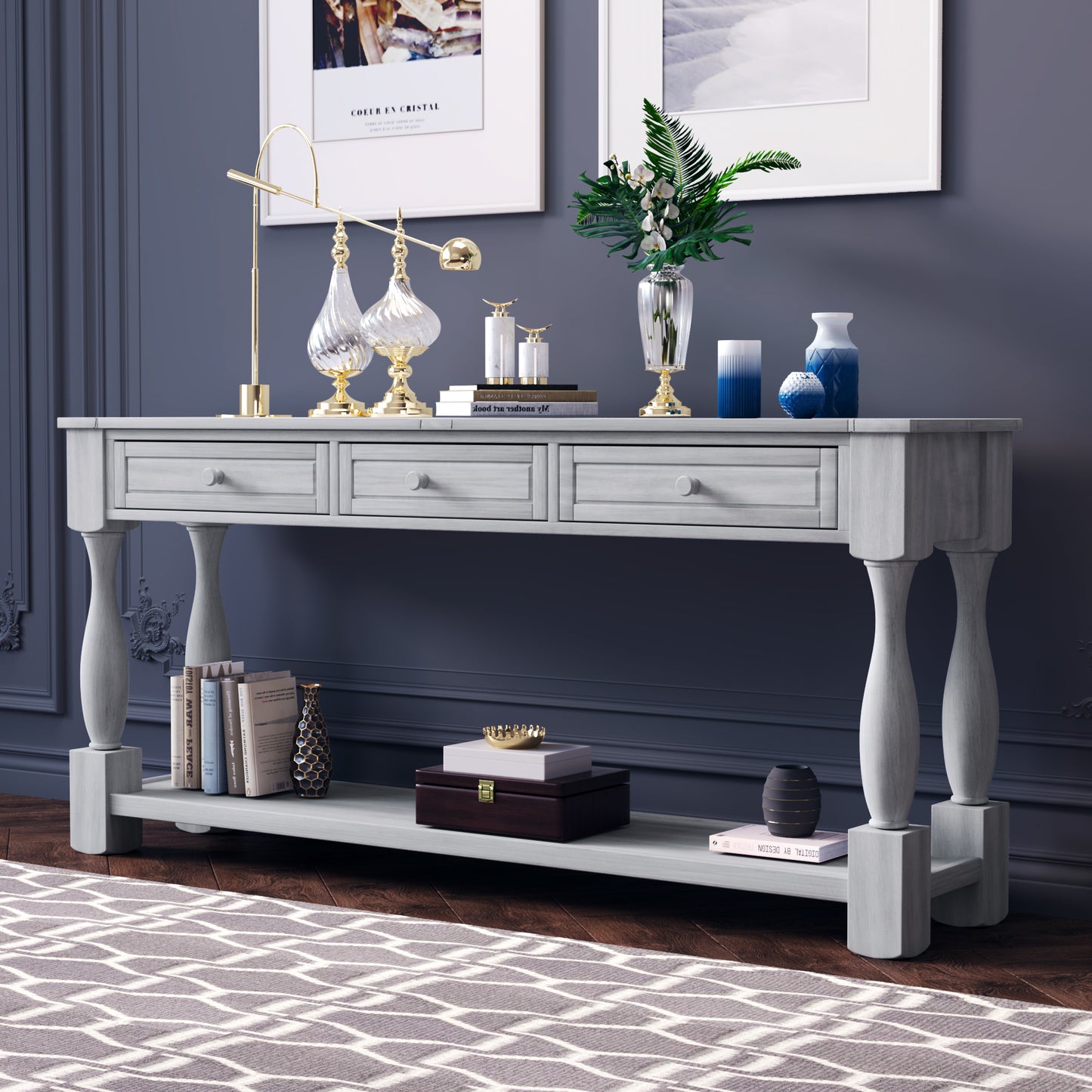 TREXM Console Table 64" Long Extra-thick Sofa Table with Drawers and Shelf for Entryway, Hallway, Living Room (Gray)
