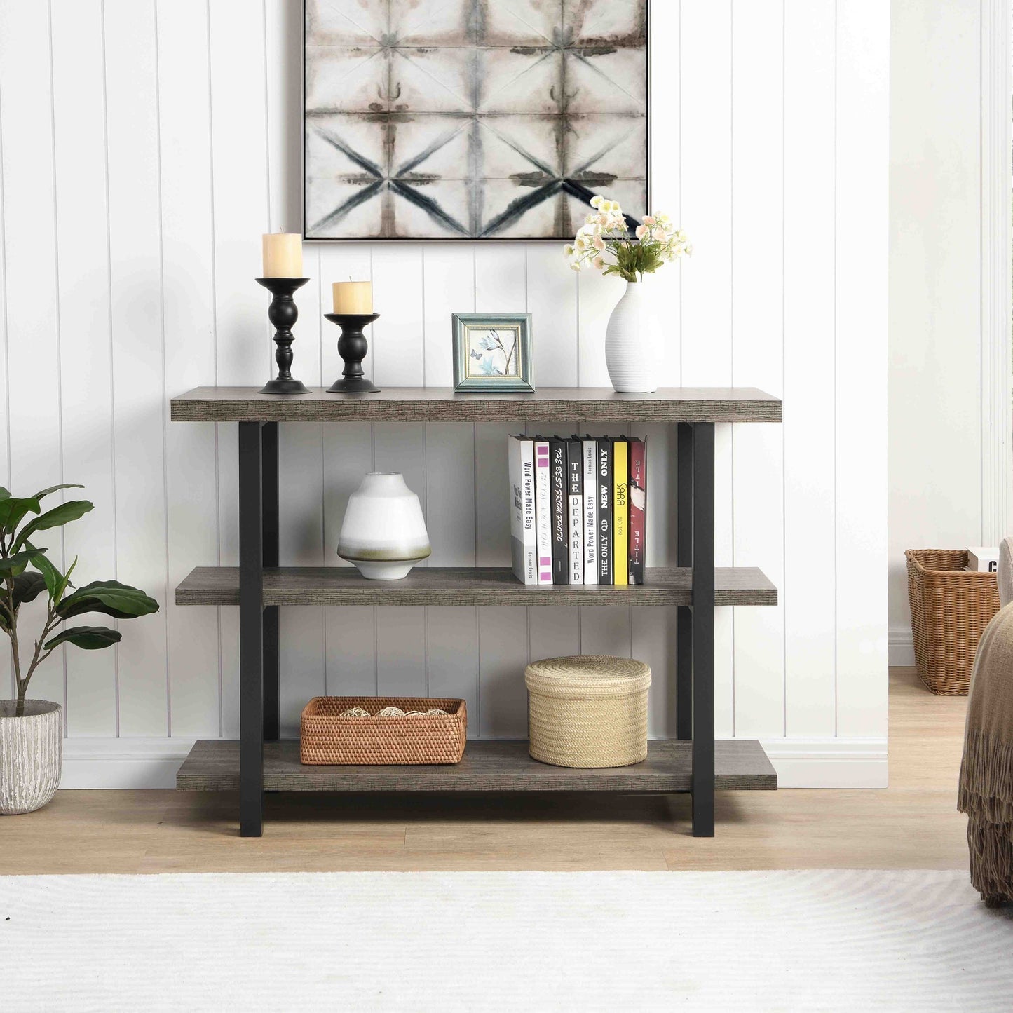 Gray Wood Sofa Table,  Narrow Hallway Table with Shelves, 3-Tier Console Table for Living Room 43.31''X15.75''X31.61''