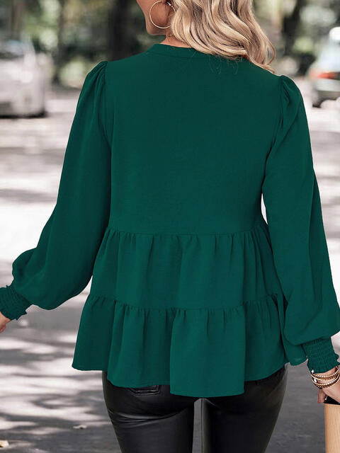 Notched Neck Lantern Sleeve Blouse