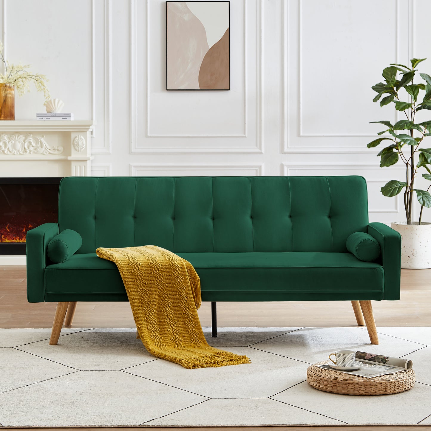 Mid-Century Green Linen Fabric Chesterfield Sofa Couch, Modern Love Seats Sofa Furniture, Upholstered Button Tufted Couch with 2 Bolster Pillows for Living Room Apartment