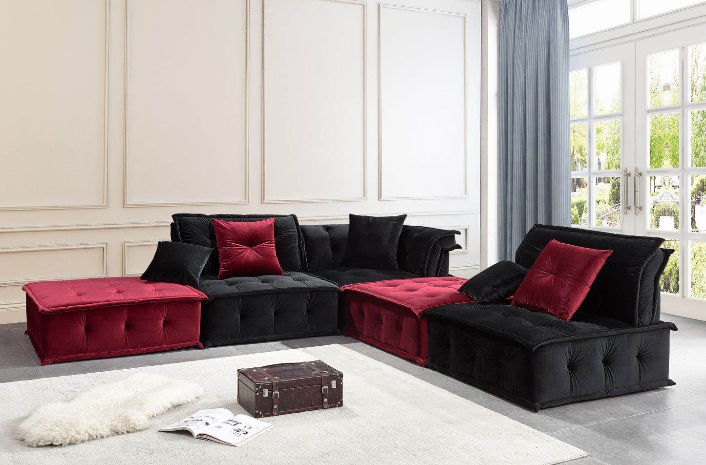 Fabric Modular Sectional Sofa, Contemporary Velvet Divani Casa, Living Room Couch (Black & Red)