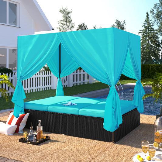 U_STYLE Outdoor Patio Wicker Sunbed Daybed with Cushions, Adjustable Seats